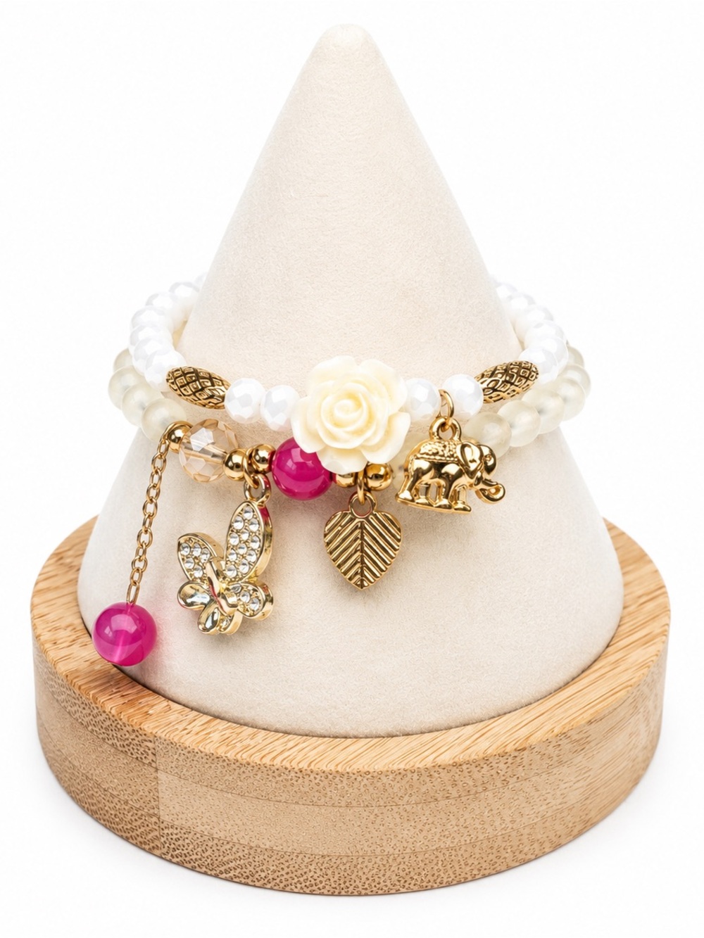 Elegant Gold White Pink Charm Stretch Bracelet Butterfly Heart Flower Elephant